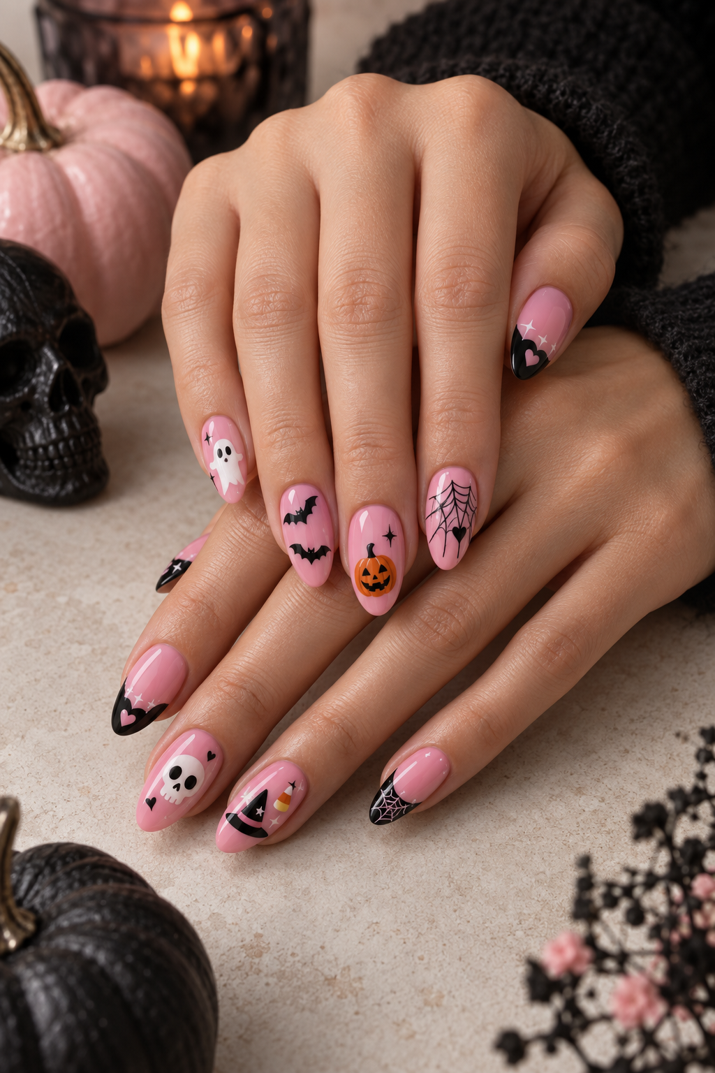 pink Halloween nails idea 7