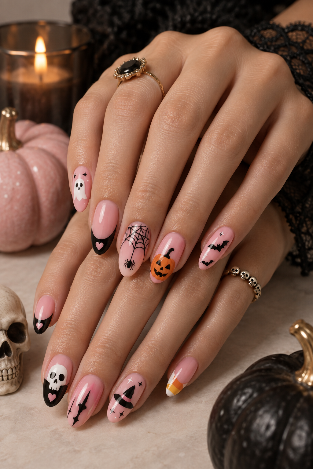 pink Halloween nails idea 9