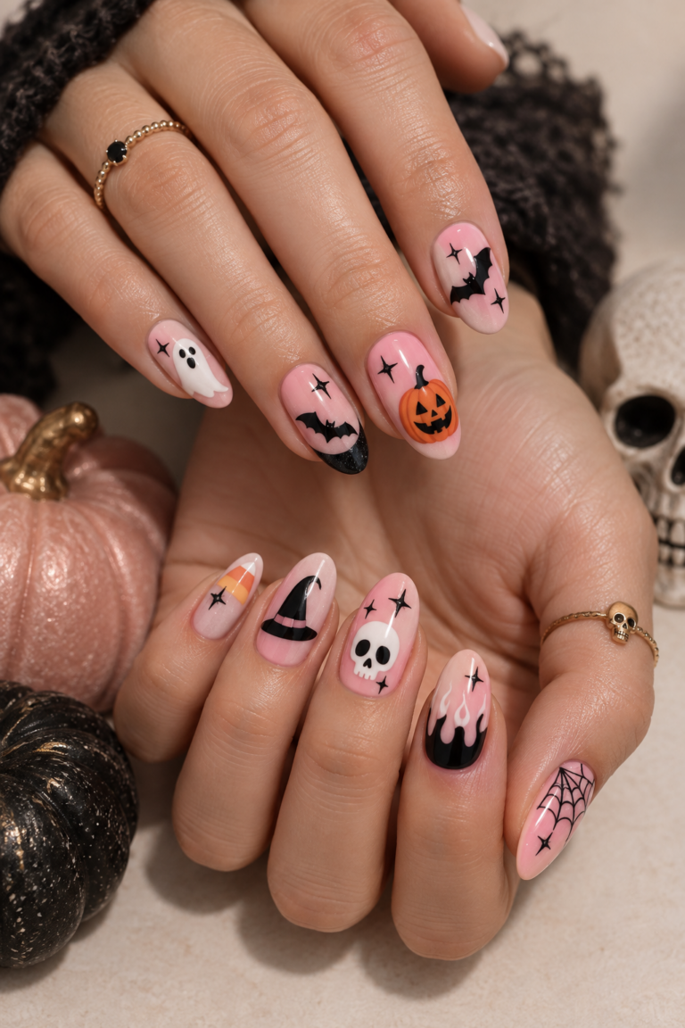 pink Halloween nails with ghost accents