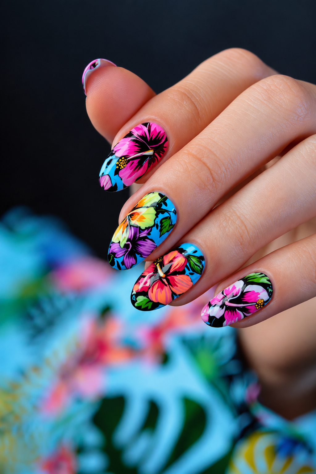 hibiscus flower nails: neon hibiscus accents