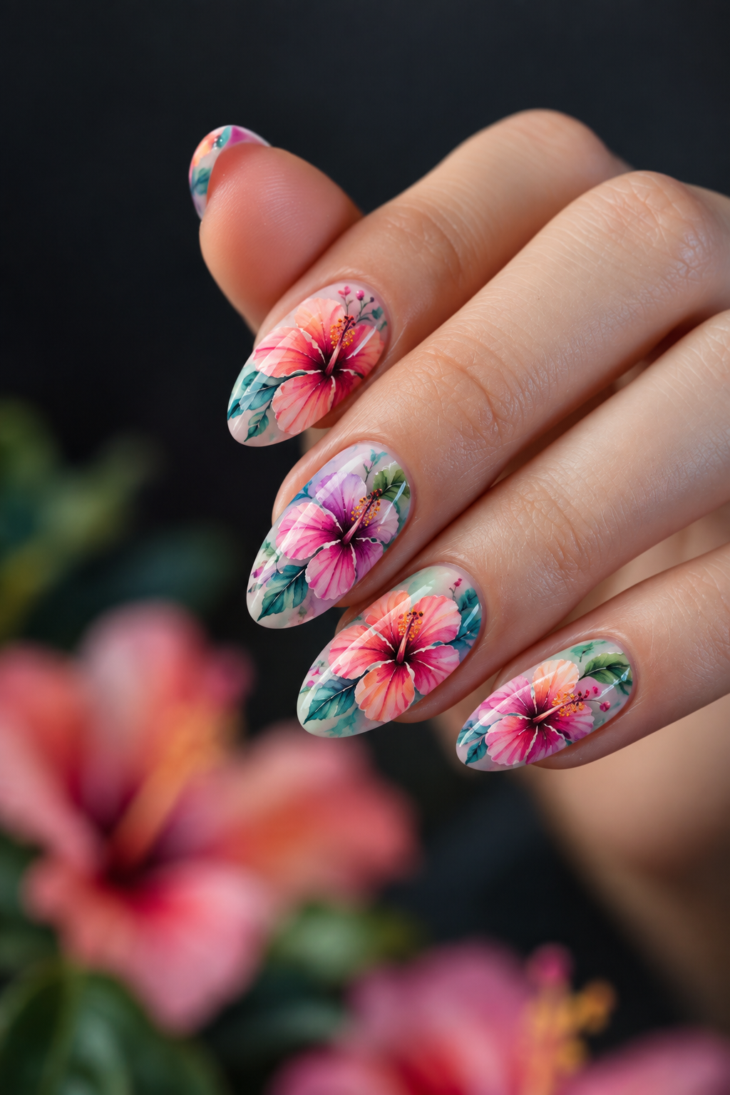 hibiscus flower nails: watercolor hibiscus dreams