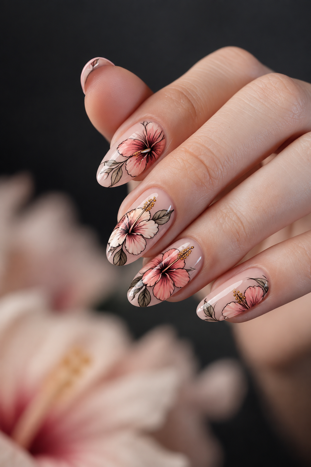 hibiscus flower nails: minimalist hibiscus outlines