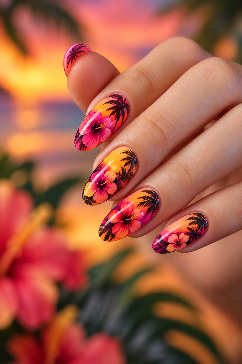 hibiscus flower nails: tropical sunset hibiscus ombre