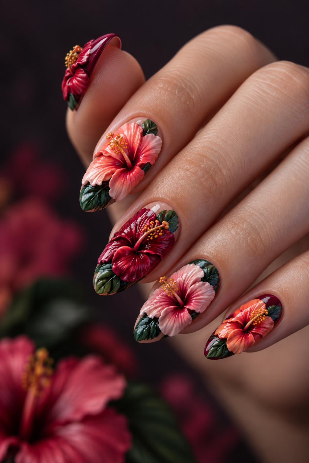 hibiscus flower nails: 3D textured hibiscus petals