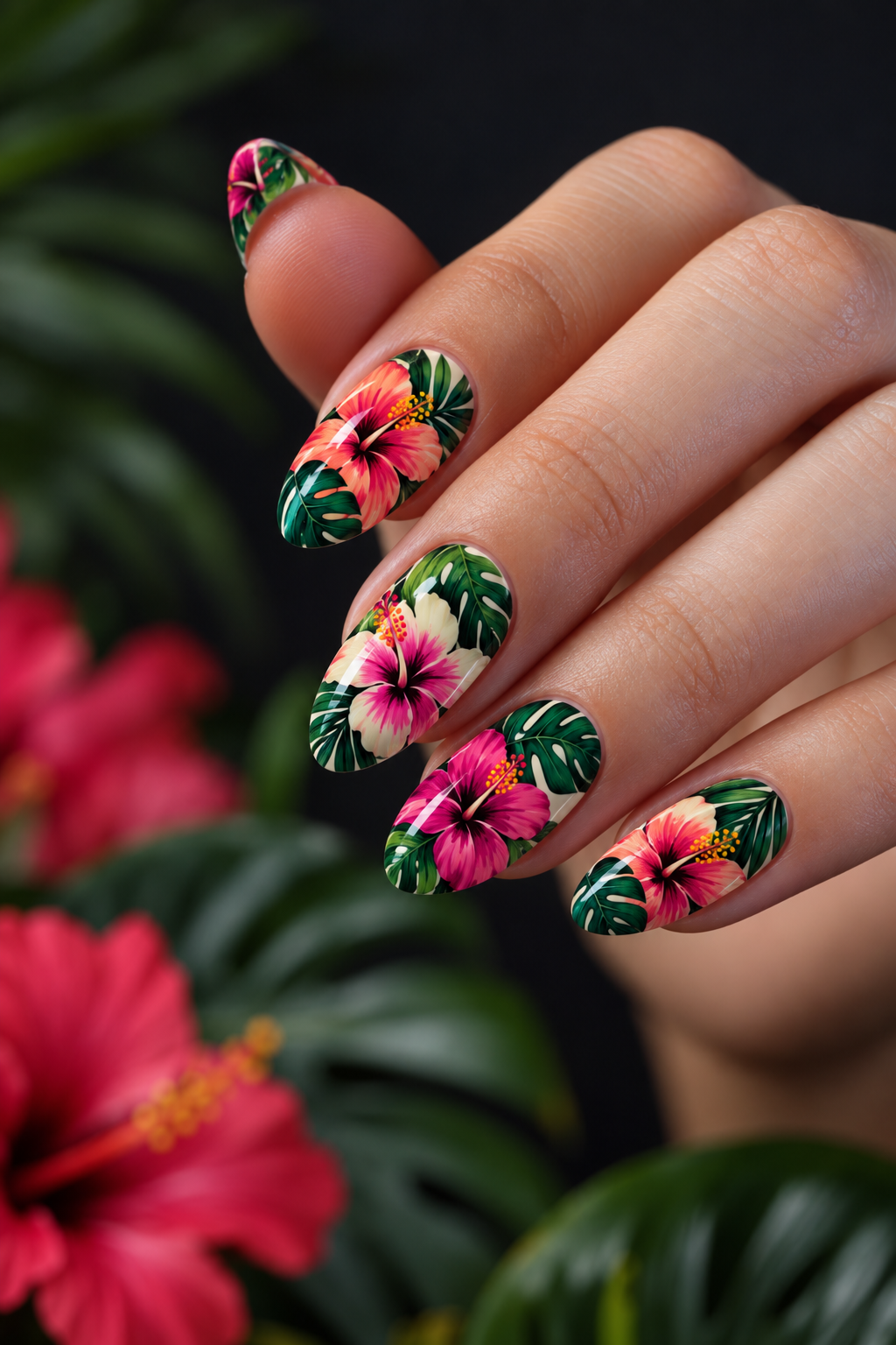 hibiscus flower nails: hibiscus and monstera leaf combinations