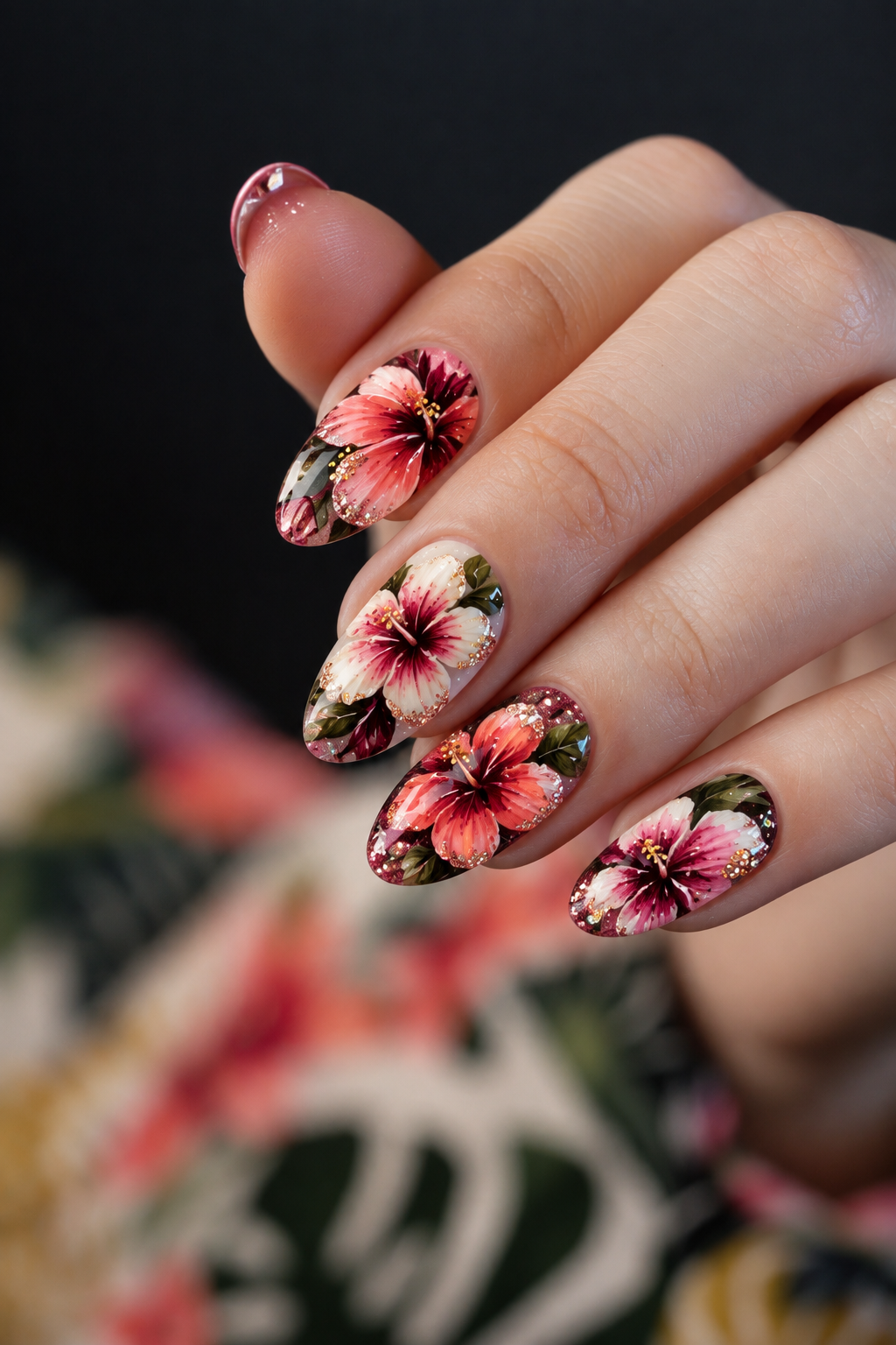 hibiscus flower nails: glitter-dipped hibiscus tips