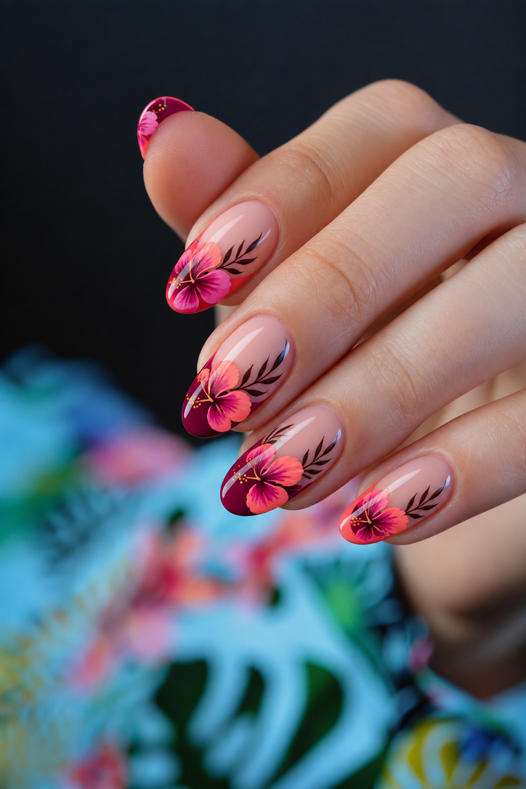 hibiscus flower nails: hibiscus French manicure twists