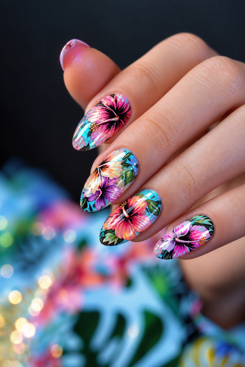 hibiscus flower nails: holographic hibiscus sparkle