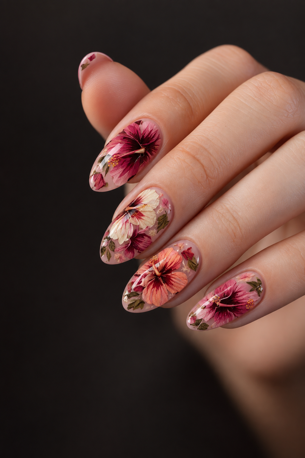hibiscus flower nails: pressed-flower hibiscus nails