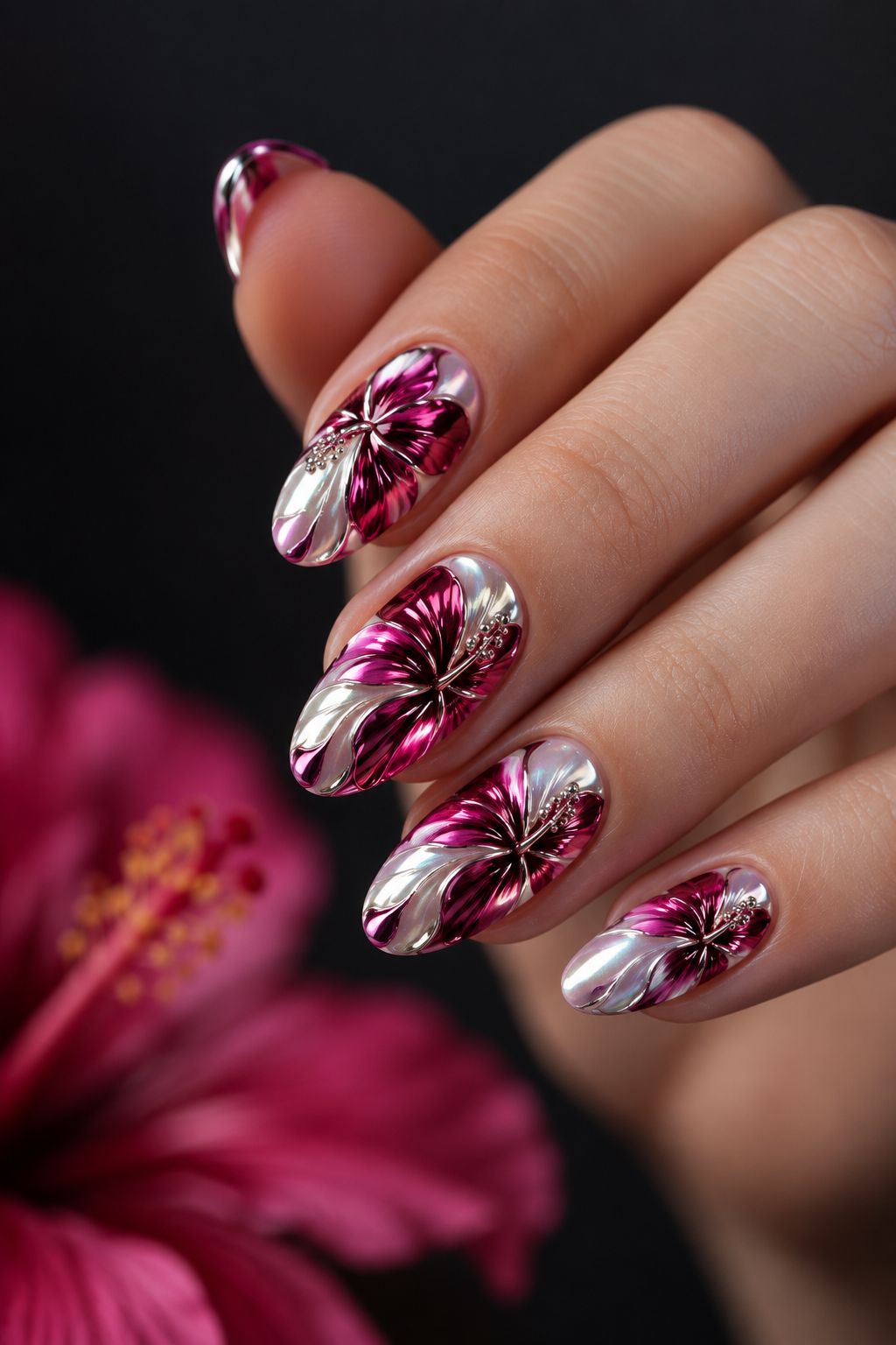 hibiscus flower nails: chrome-finish hibiscus petals