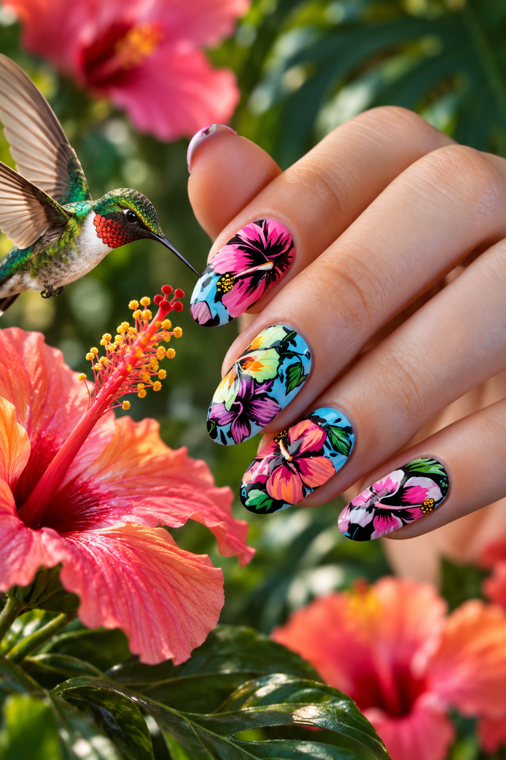 hibiscus flower nails: hibiscus hummingbird scenes