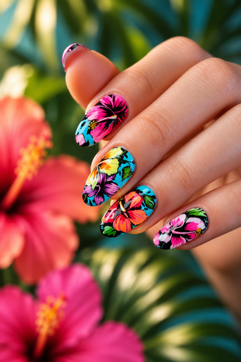 hibiscus flower nails: tropical hibiscus manicure