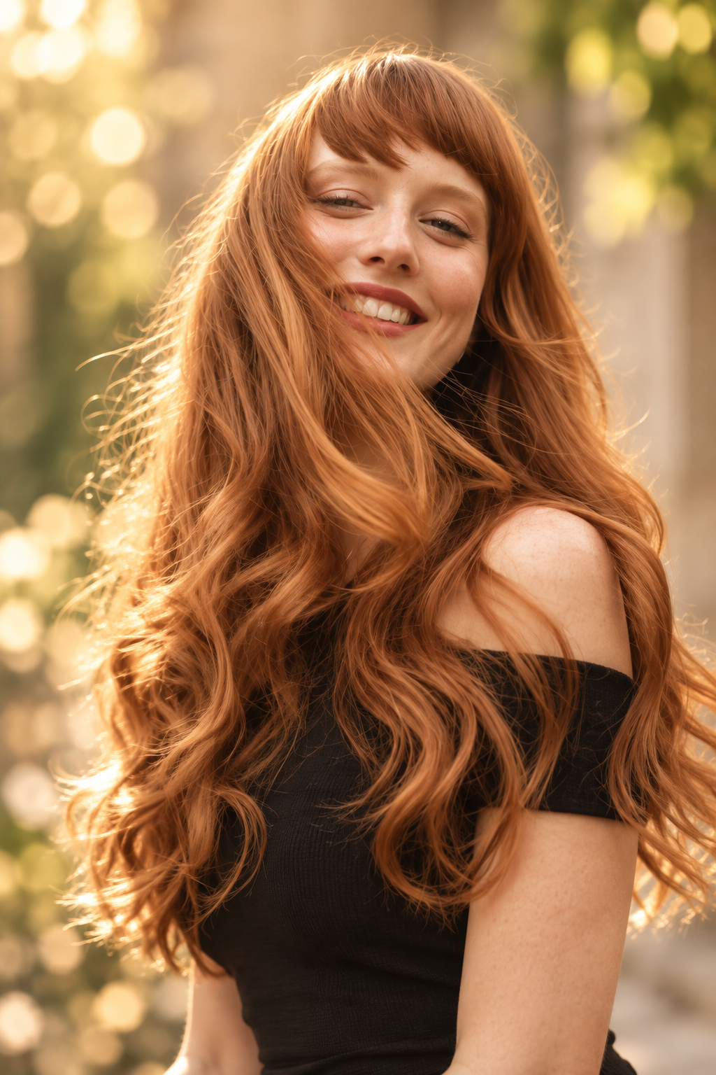 brownish ginger hair: sunlit copper-brown waves