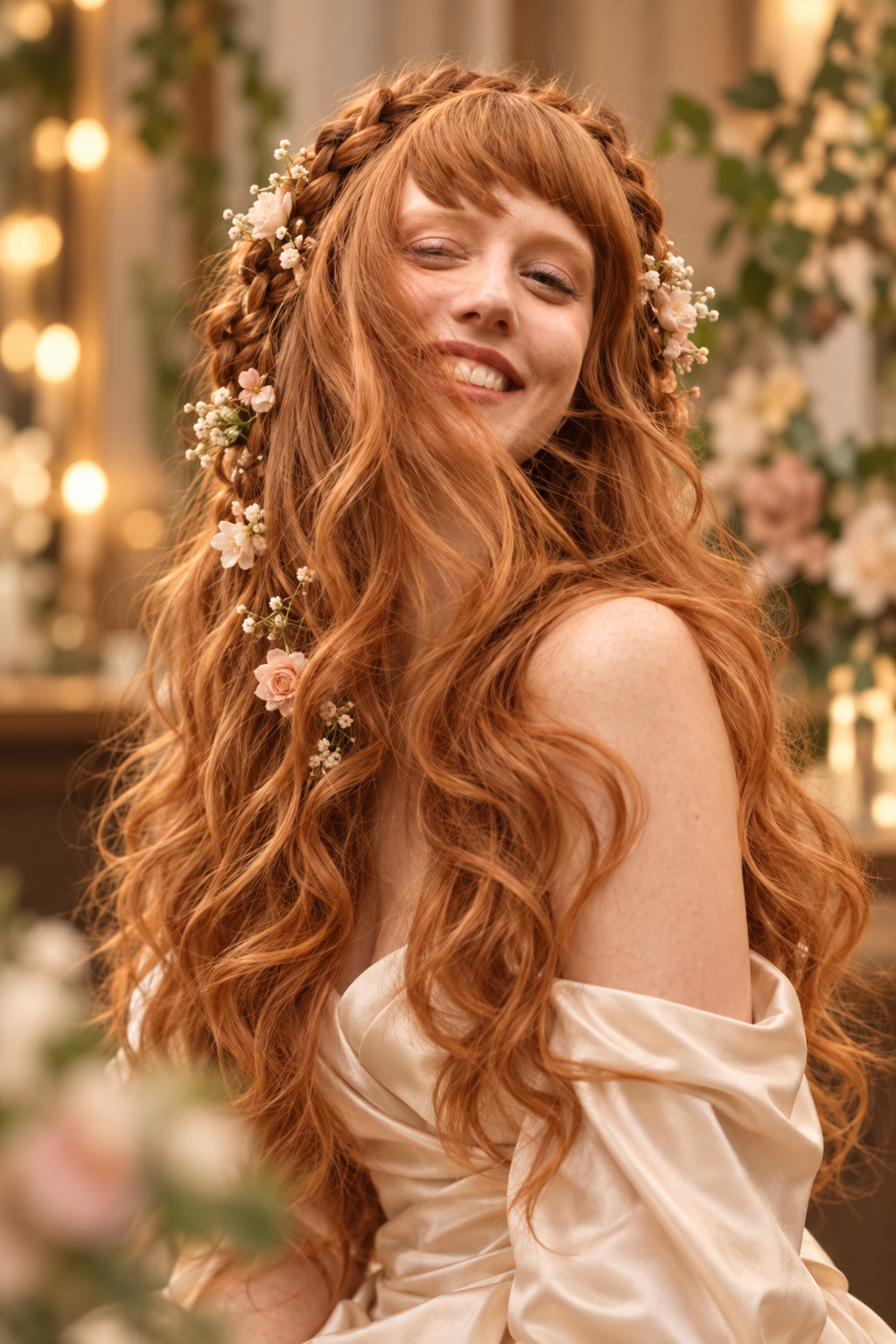 brownish ginger hair: braided ginger with floral accent