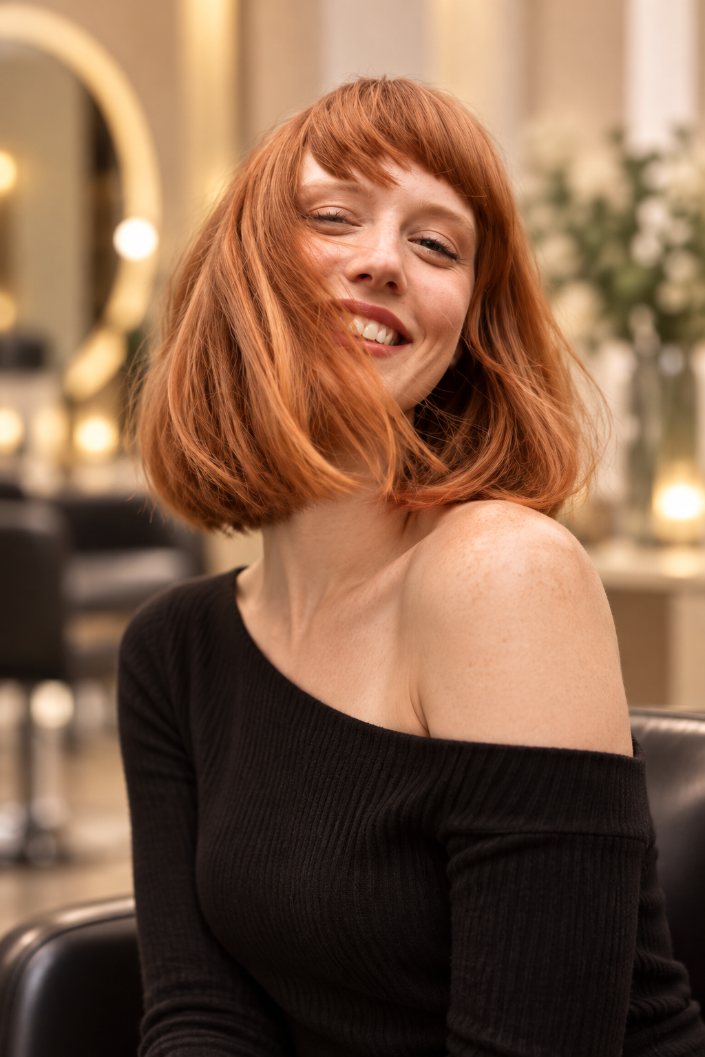 brownish ginger hair: glossy ginger bob with bangs