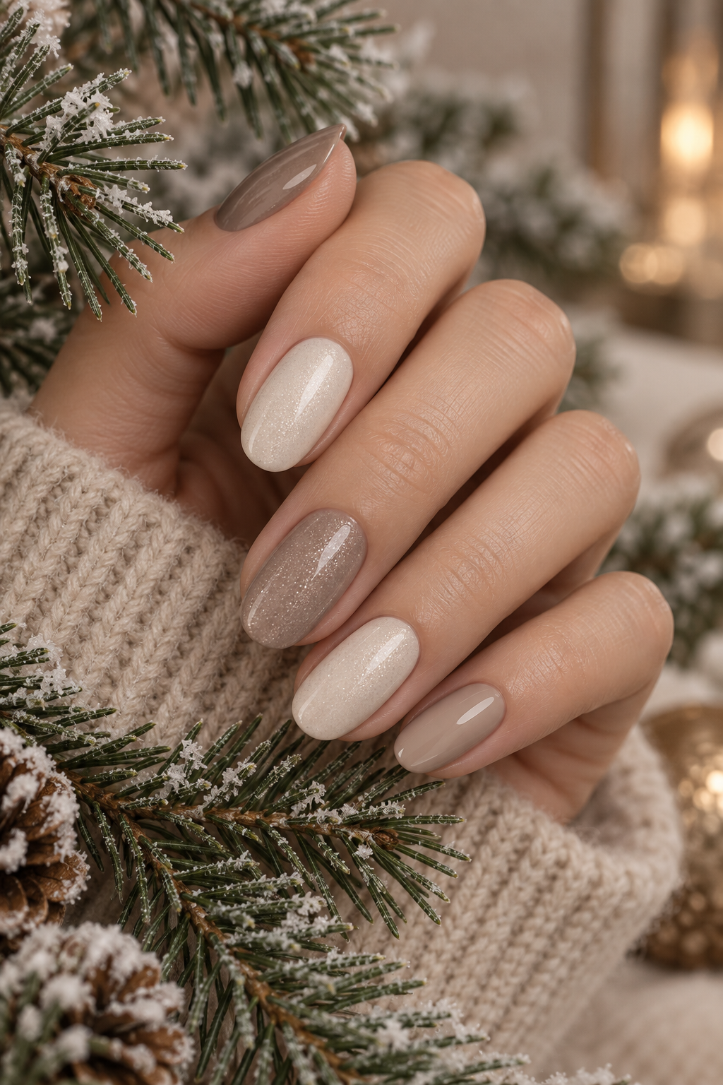 neutral holiday nails: neutral winter nails with tree details