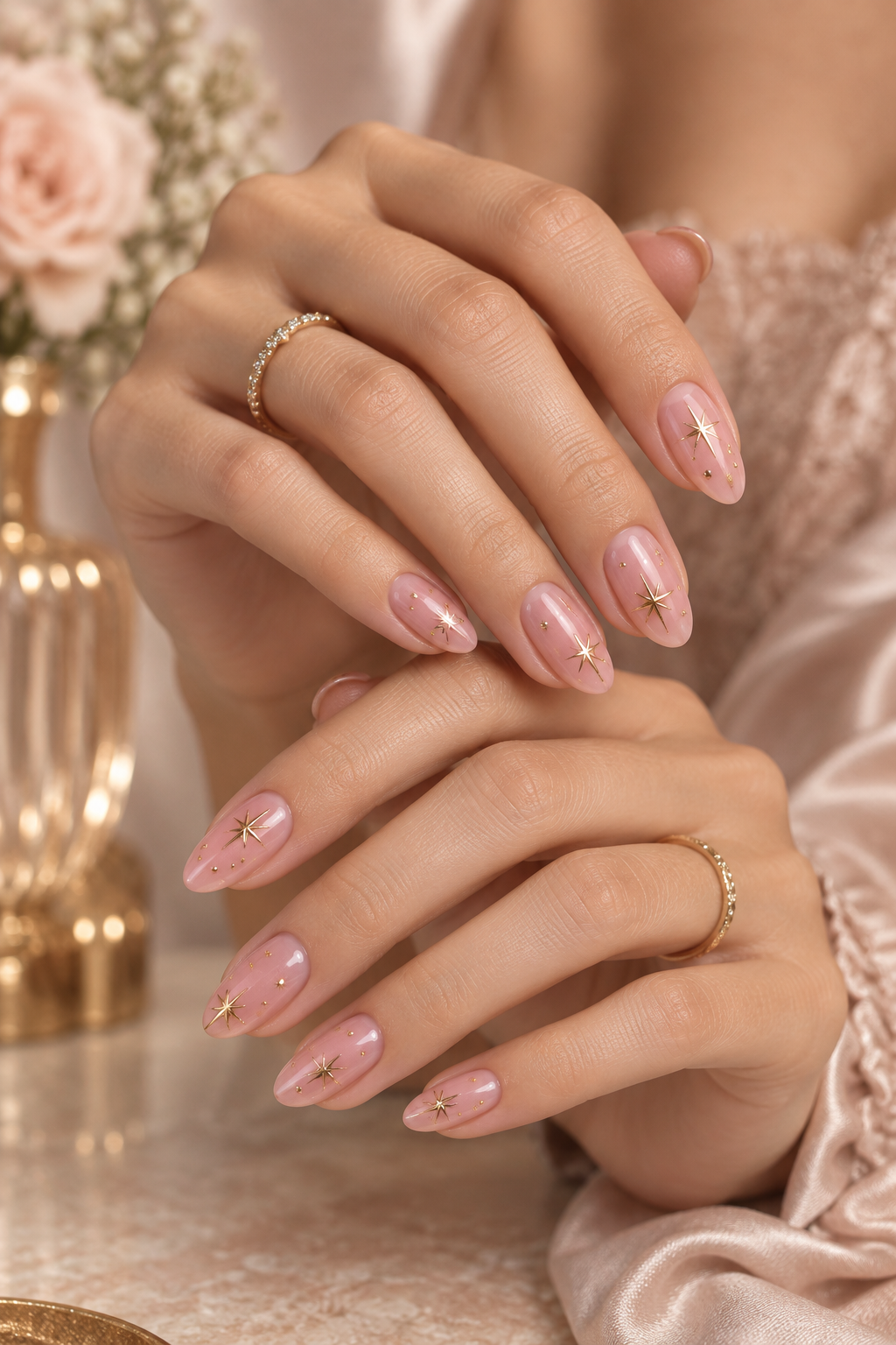 neutral holiday nails: pink nails with gold stars
