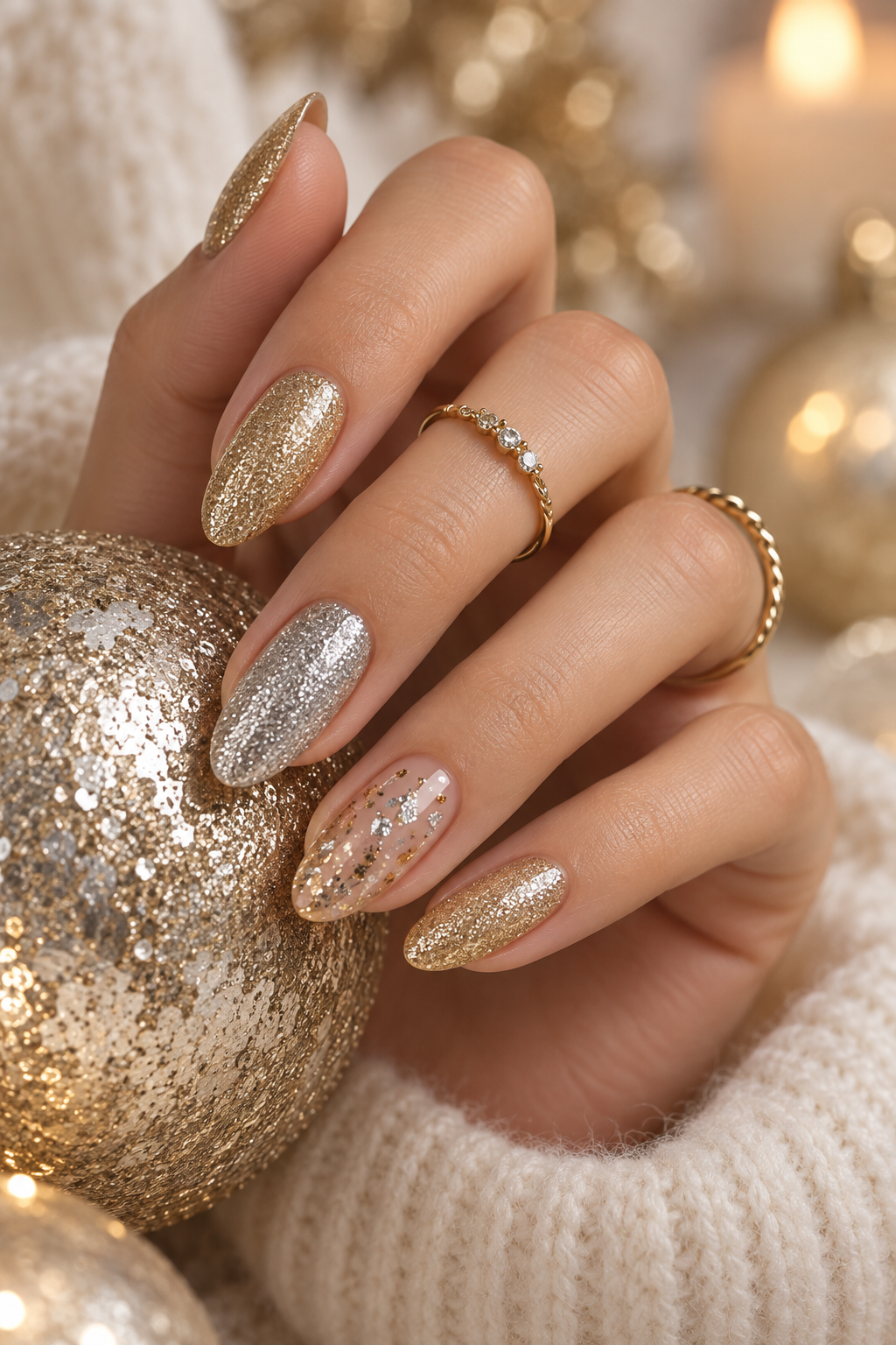 neutral holiday nails: silver and gold glitter holiday nails