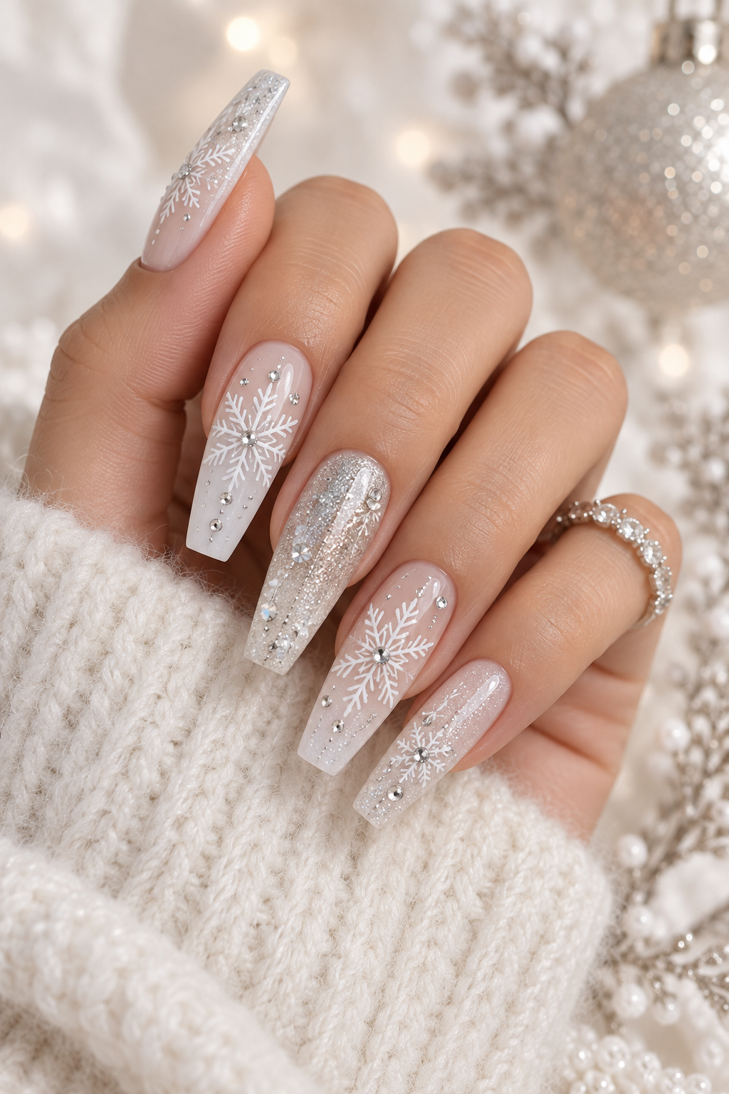neutral holiday nails: white and silver snowflake coffin nails