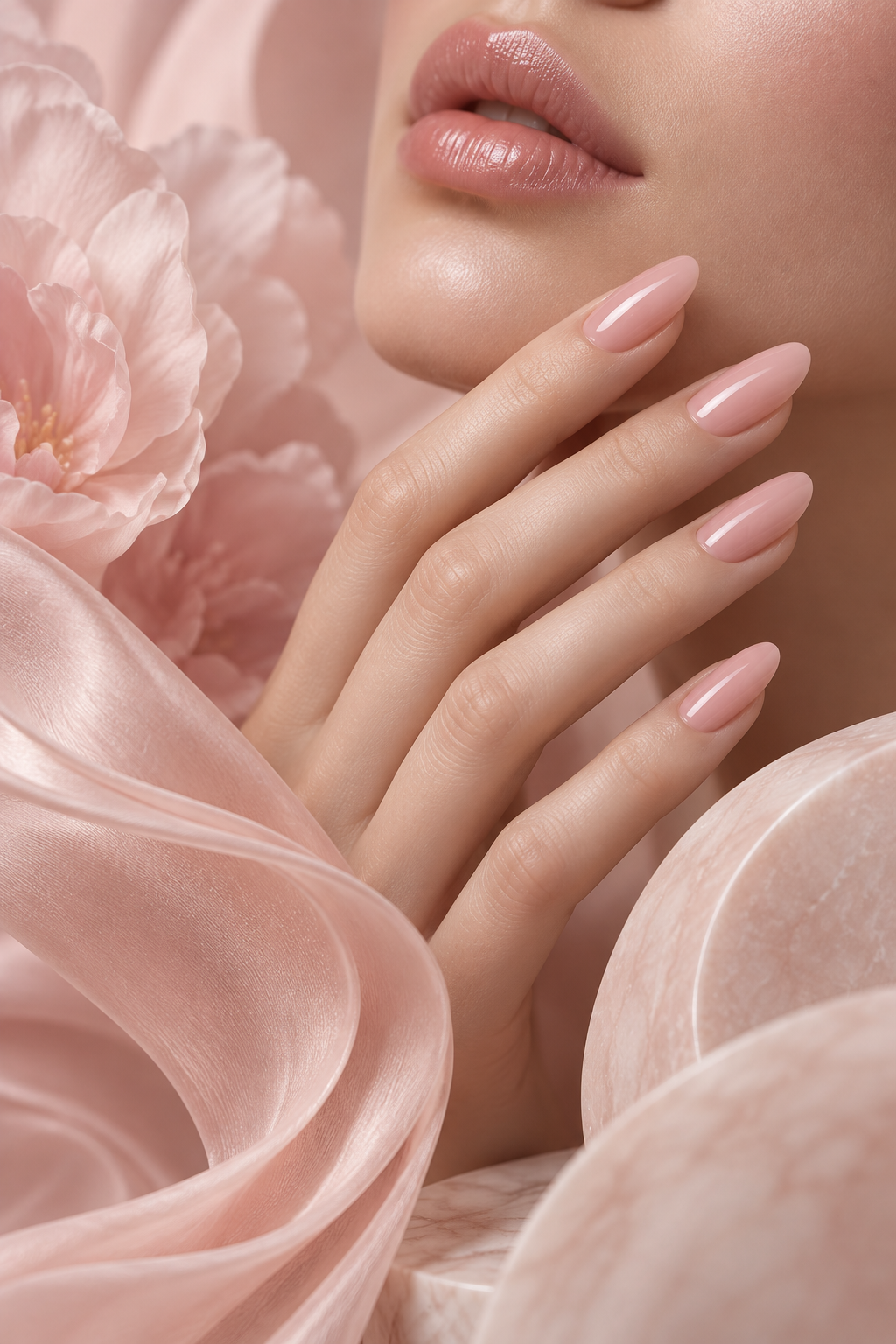 neutral holiday nails: soft pink with swirl details