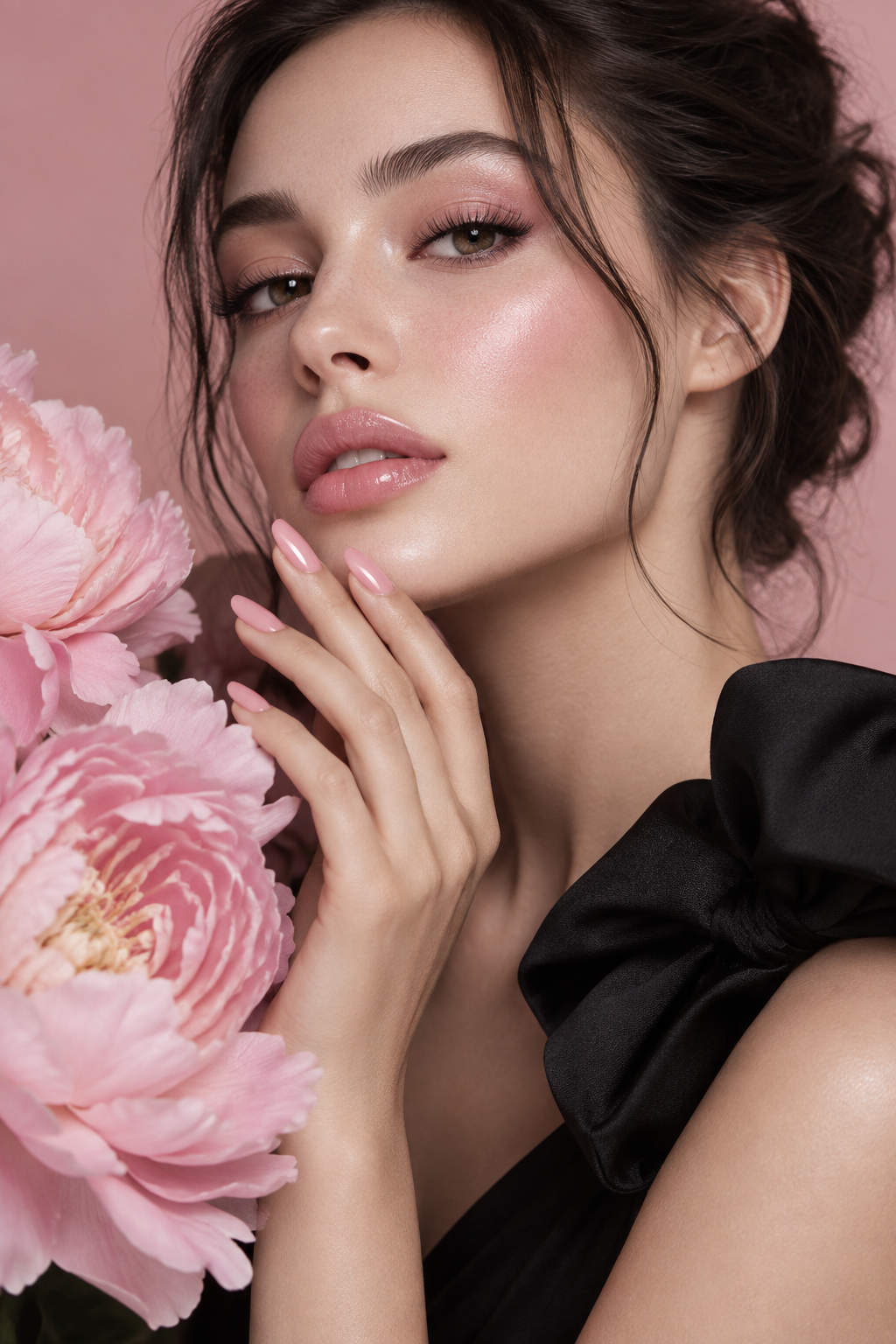 neutral holiday nails: pink with black and white details