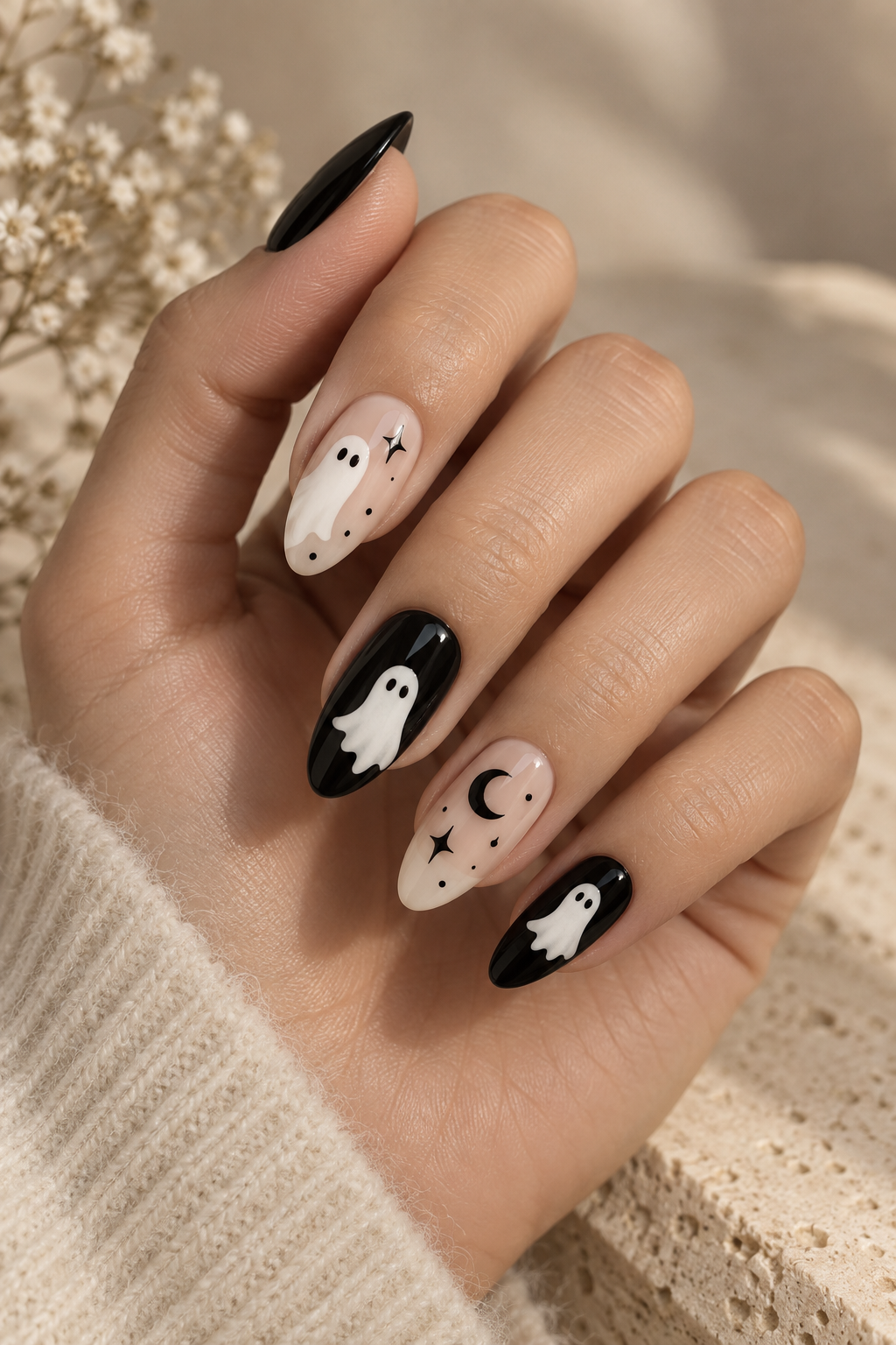 Halloween nails with ghosts in a soft glam editorial manicure
