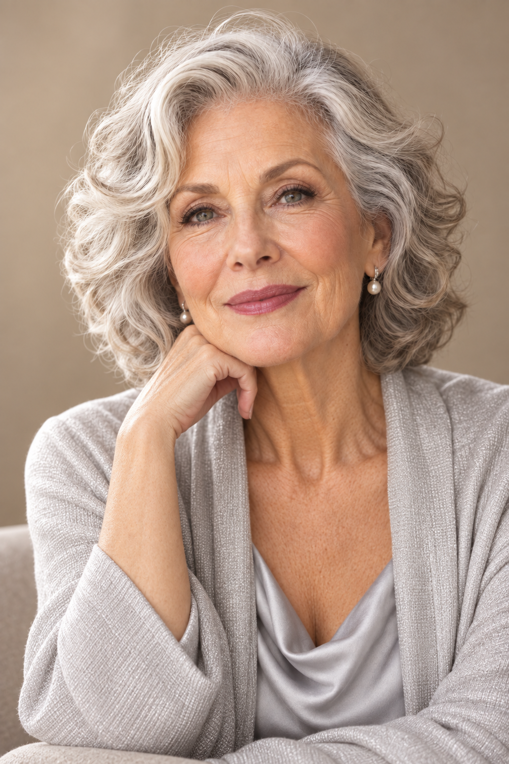 curly hair ideas for women over 70: soft silver layers
