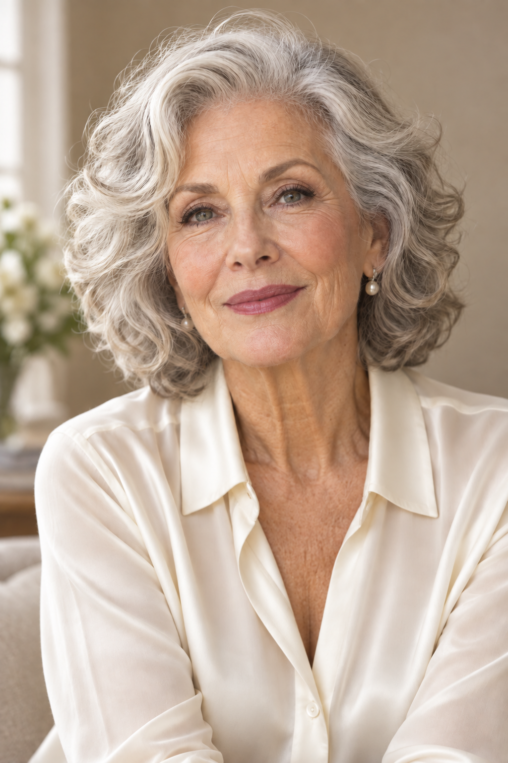 curly hair ideas for women over 70: side-swept curls