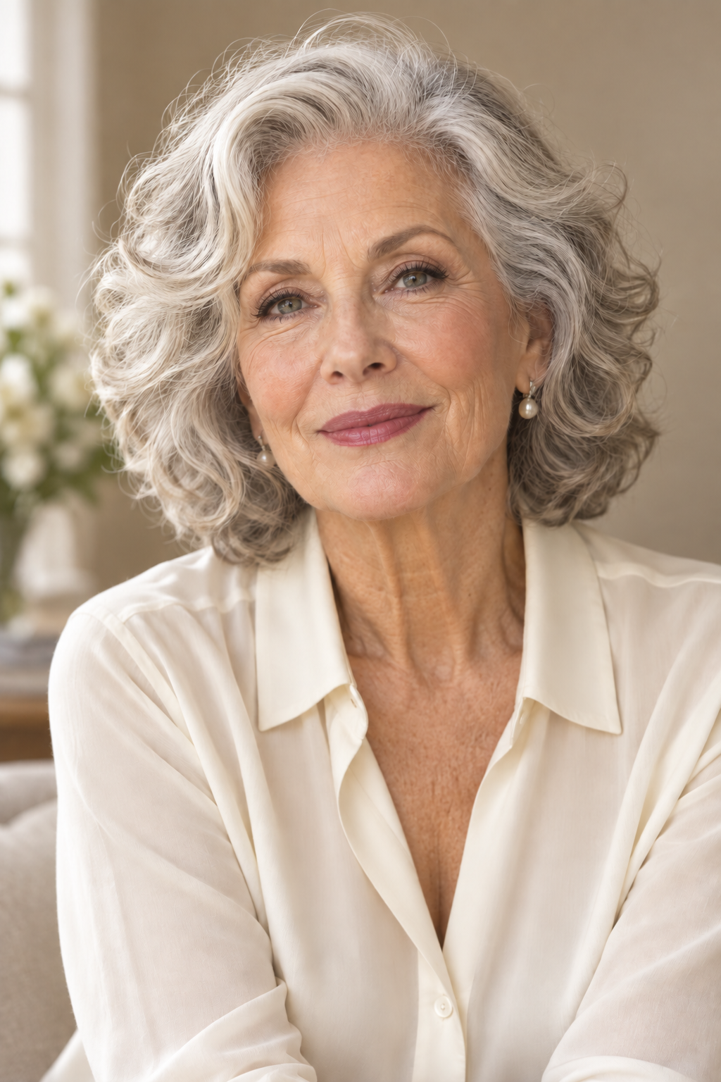 curly hair ideas for women over 70: chin-length bob