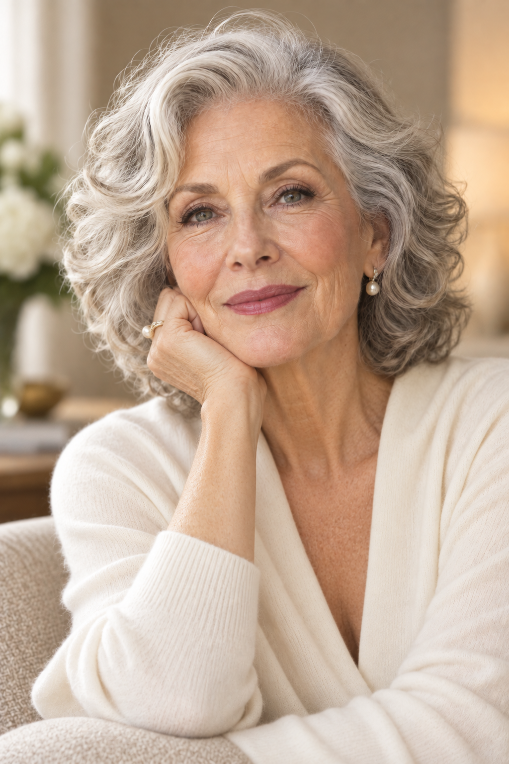 curly hair ideas for women over 70: loose shoulder-length curls