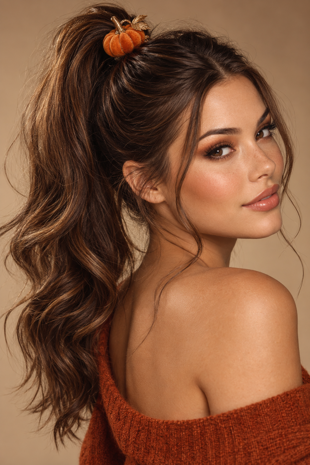 easy Halloween hairstyles: mini pumpkin accent ponytail