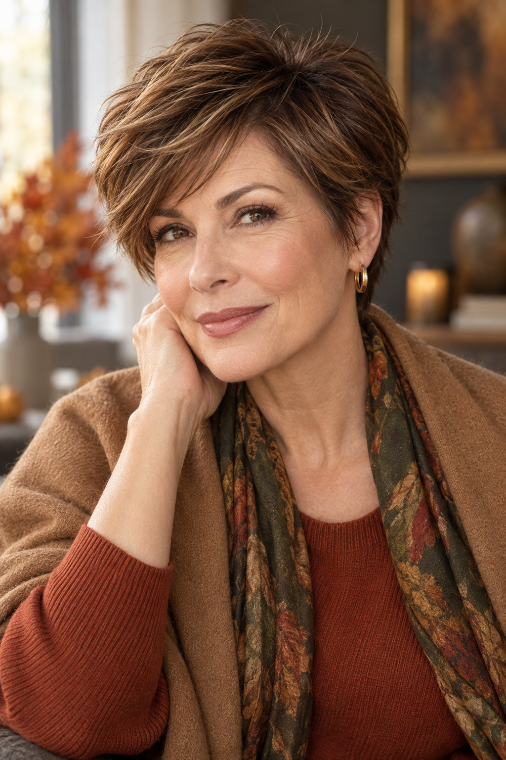 Soft chestnut side-swept pixie haircut