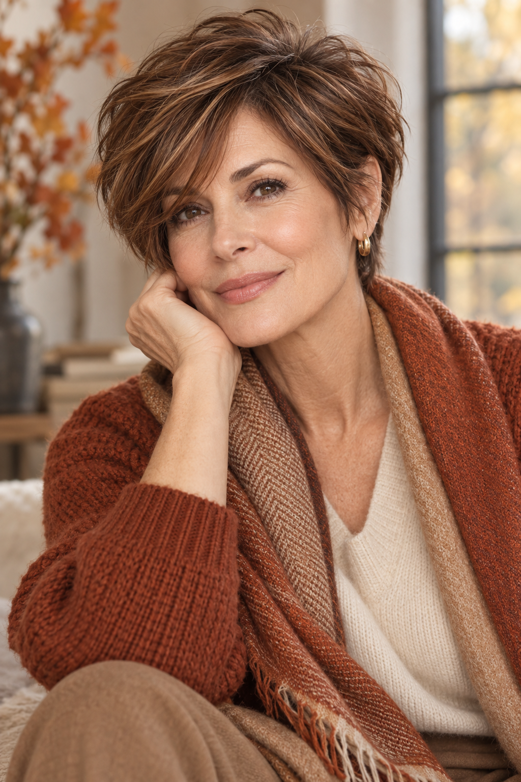 Cinnamon brunette bixie haircut