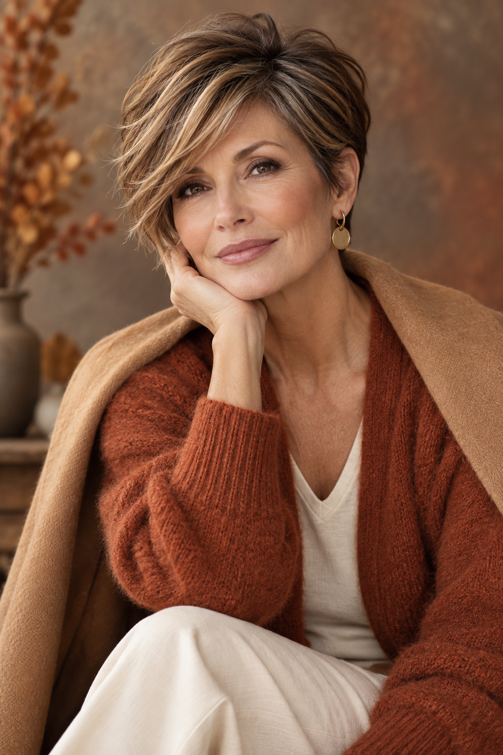 Caramel-highlighted long pixie
