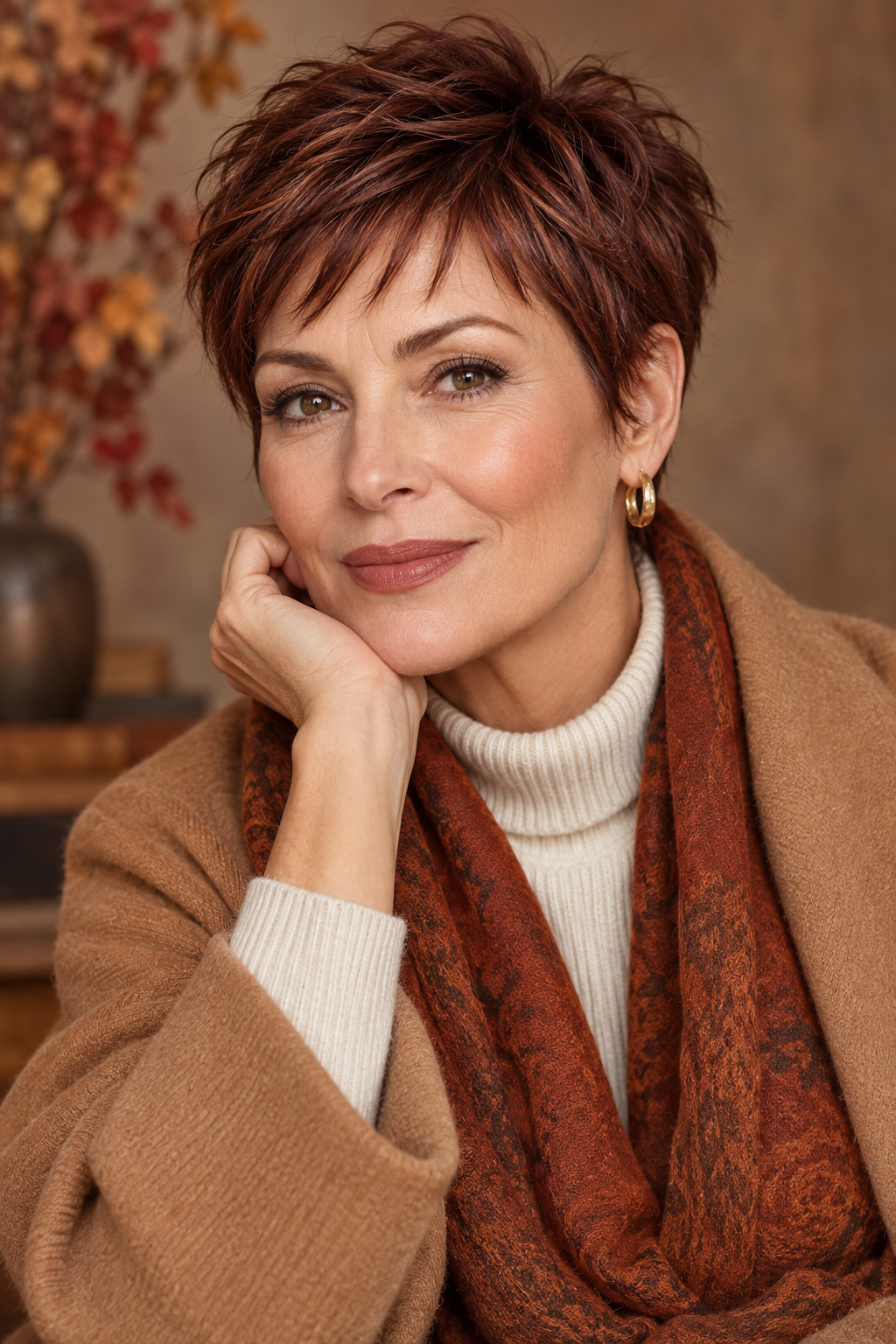 Burgundy-brown pixie with micro bangs