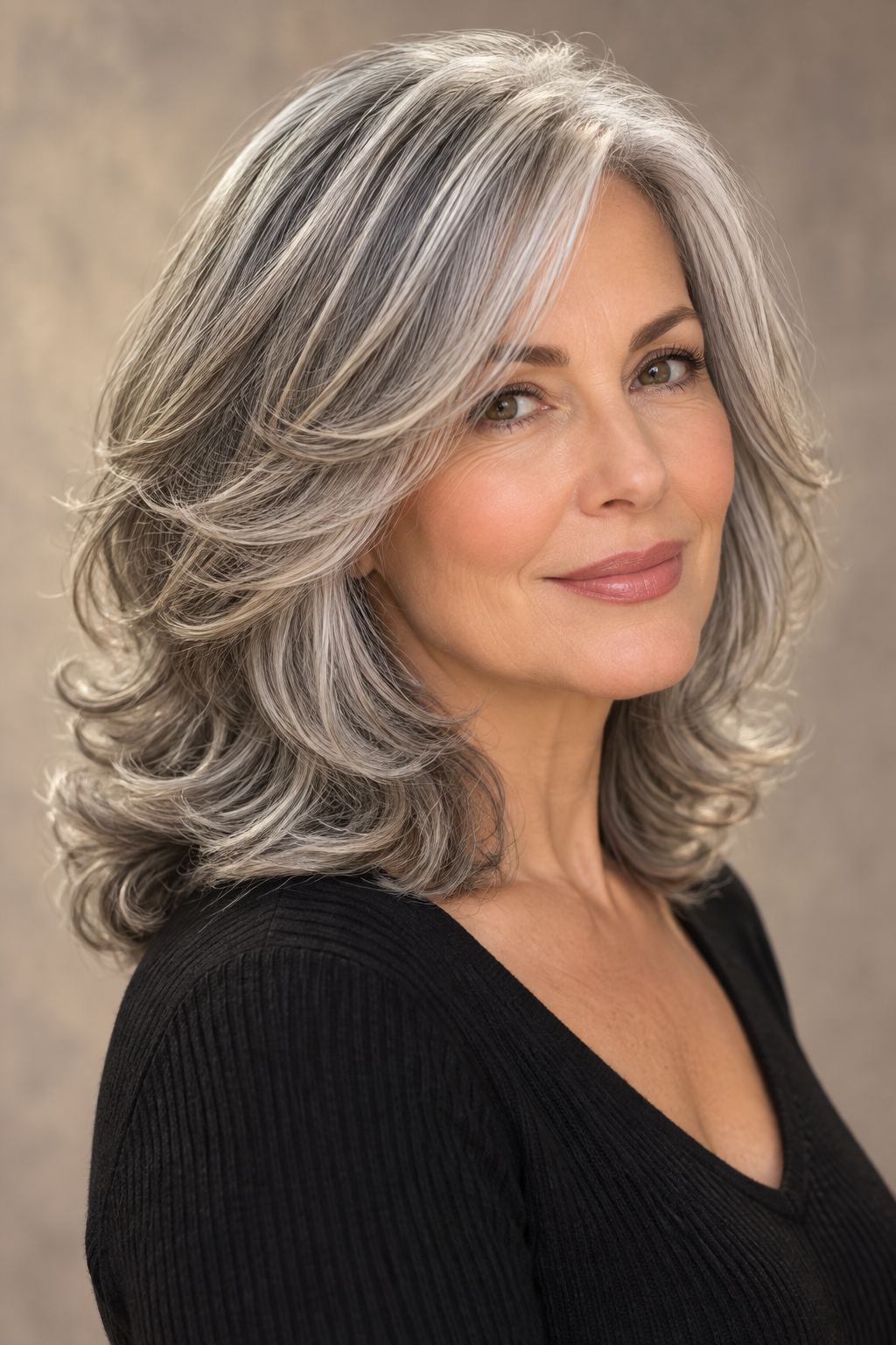 gray hair medium layers: face-framing gray layers