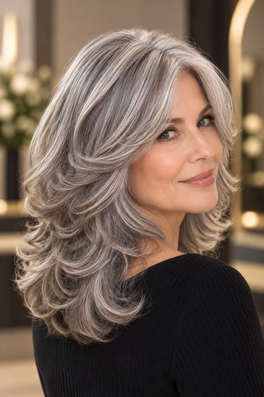 gray hair medium layers: gray layers with curtain bangs