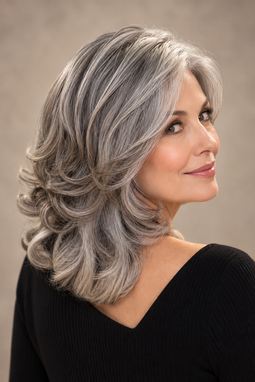 gray hair medium layers: sleek gray layered cut