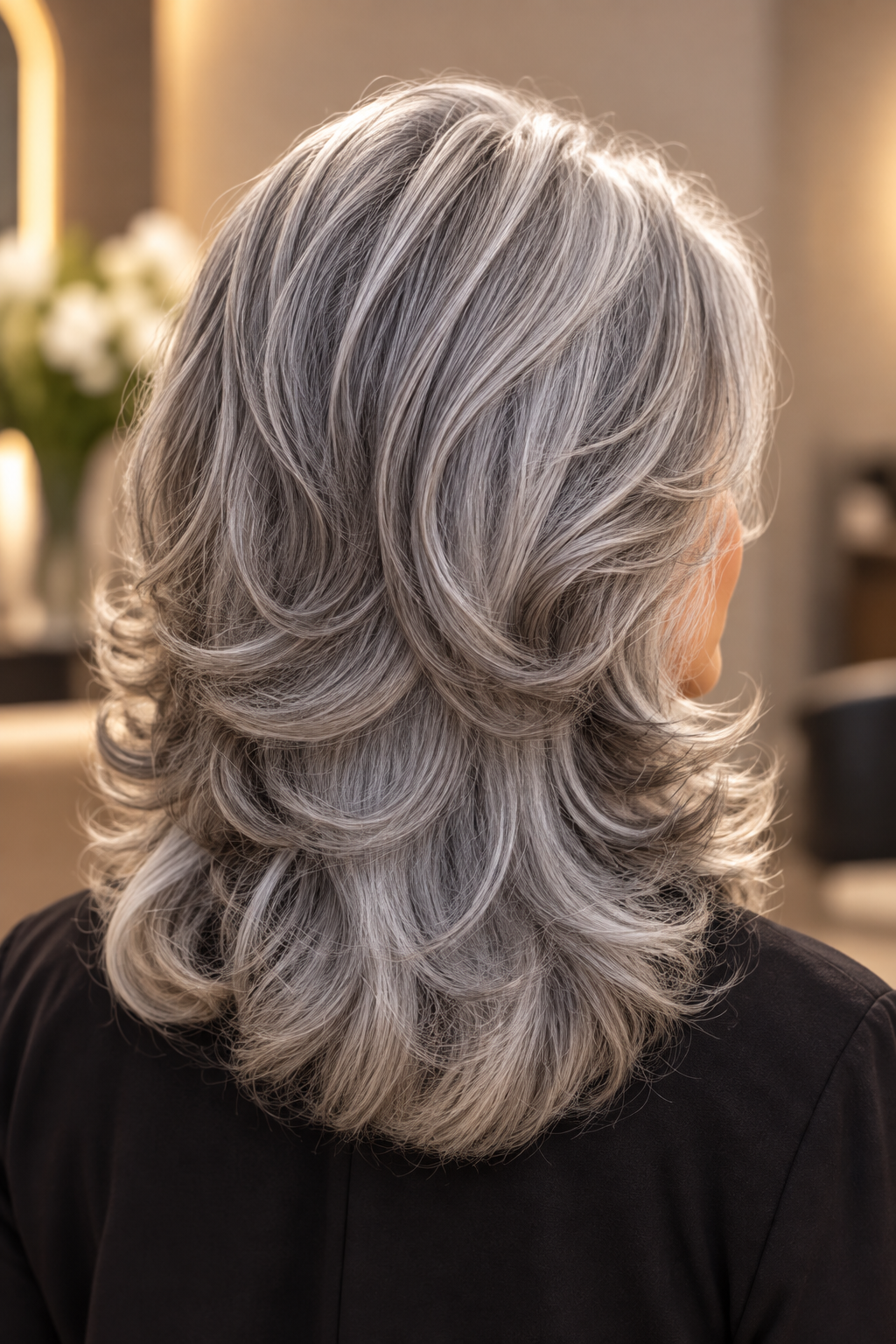gray hair medium layers: gray hair with flipped ends