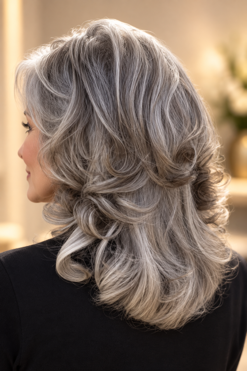 gray hair medium layers: rooted silver layers