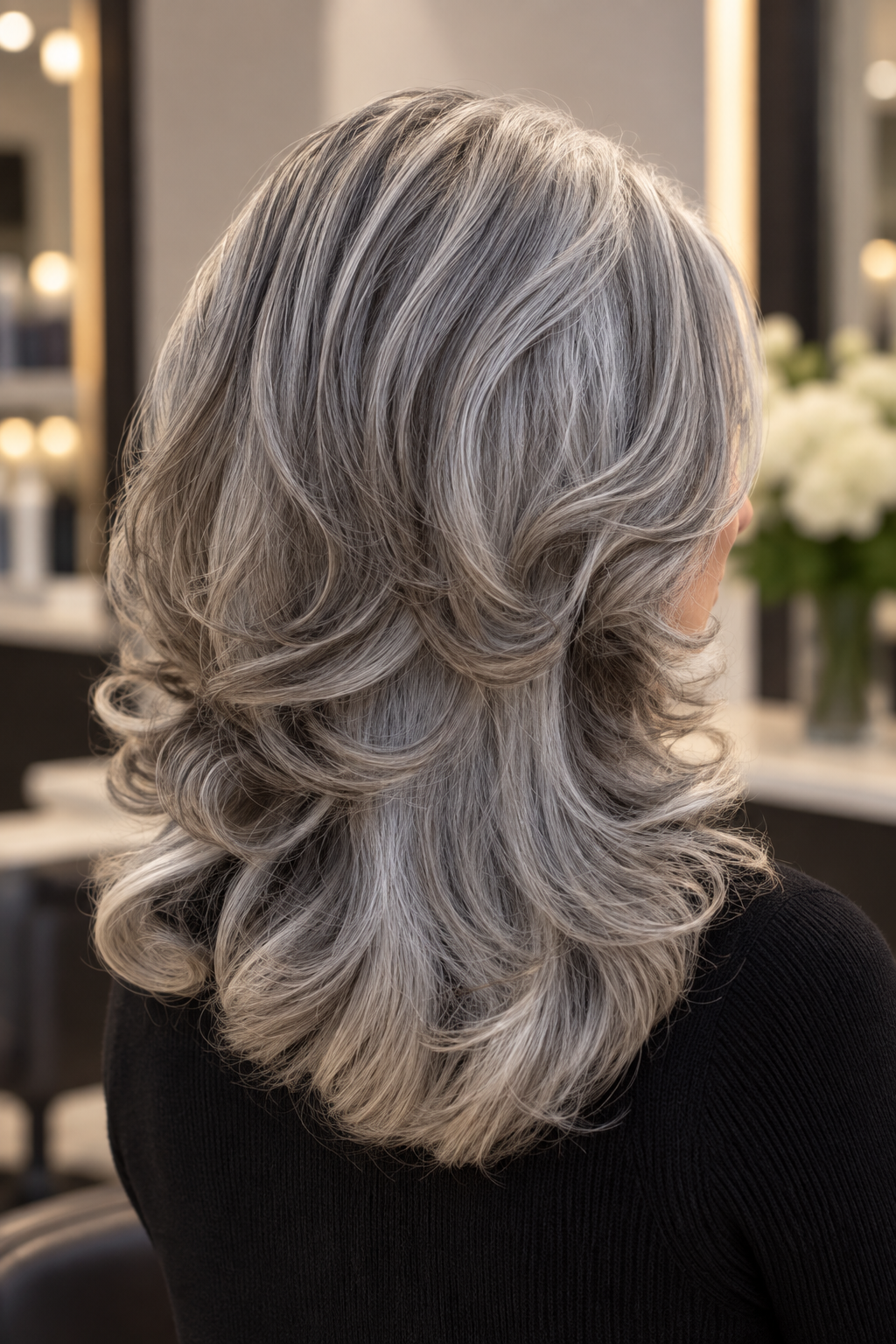 gray hair medium layers: gray layers with soft waves