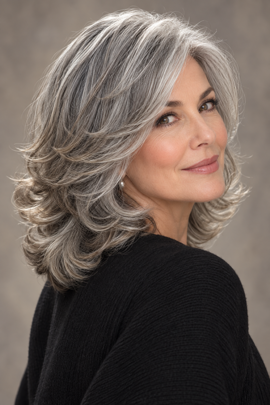 gray hair medium layers: feathered medium gray cut