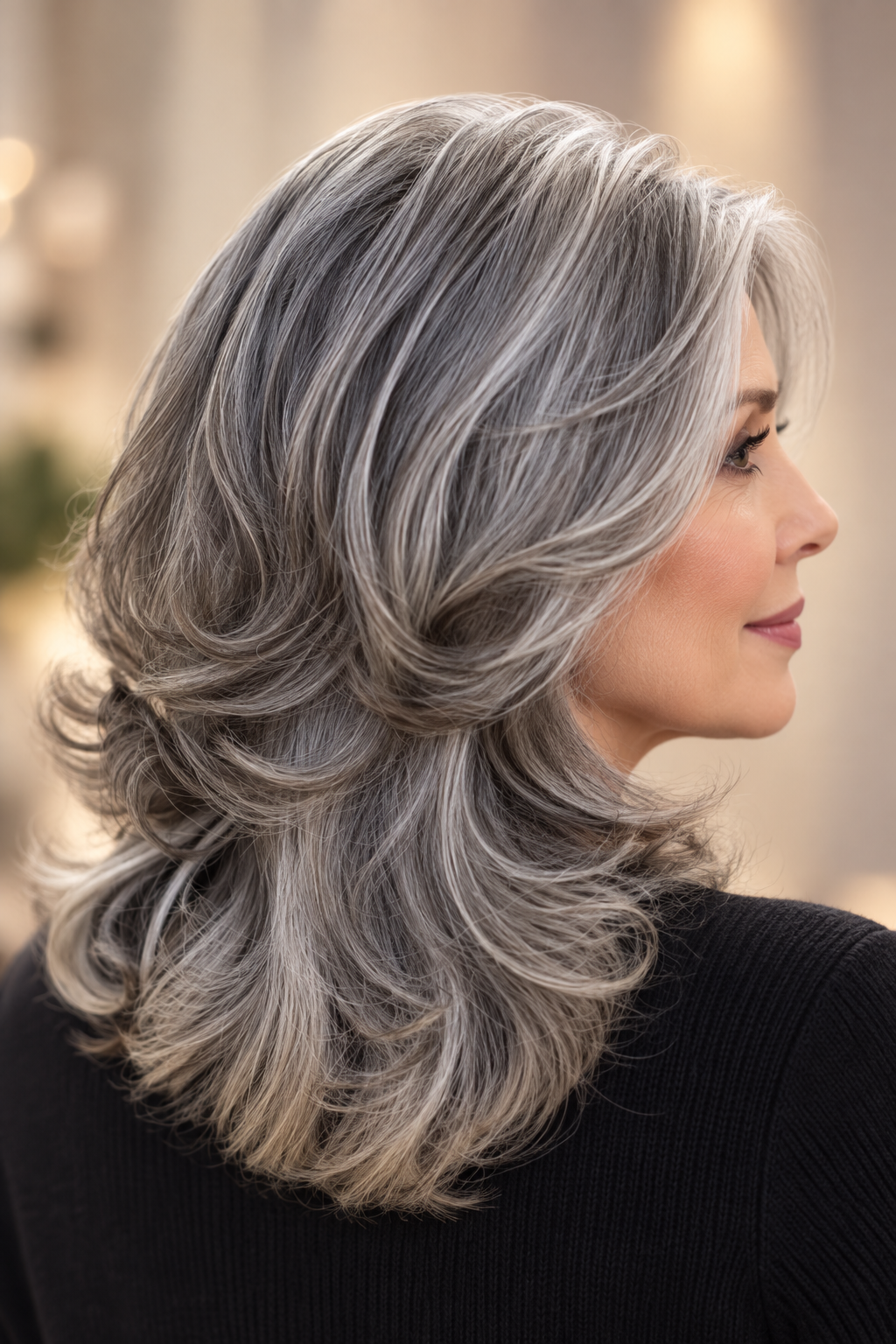 gray hair medium layers: gray layers with side part