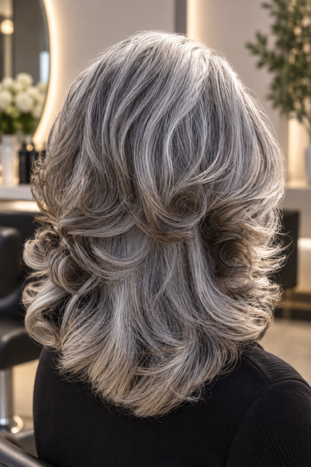 gray hair medium layers: blended charcoal and silver