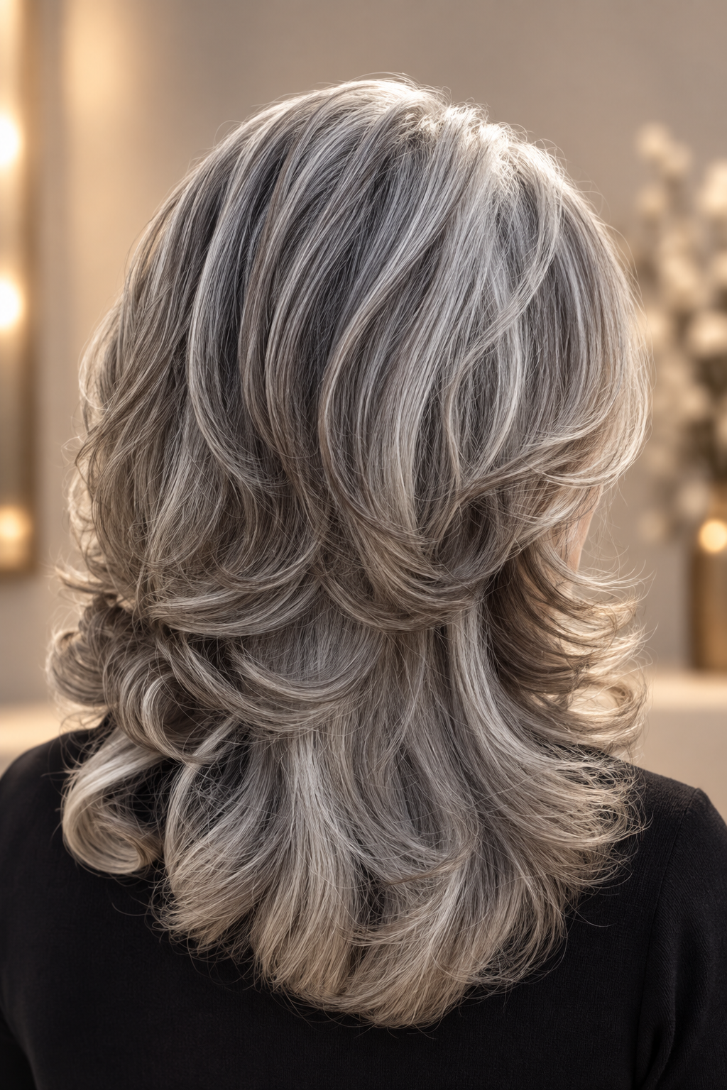 gray hair medium layers: rounded gray layers