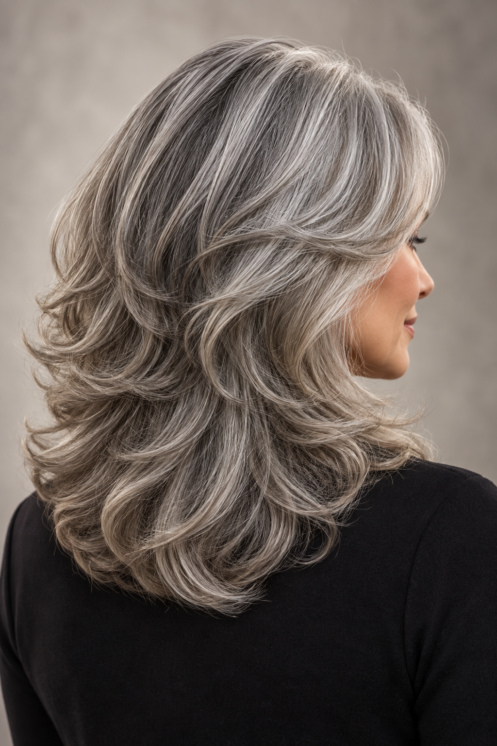 gray hair medium layers: glossy gray layered finish