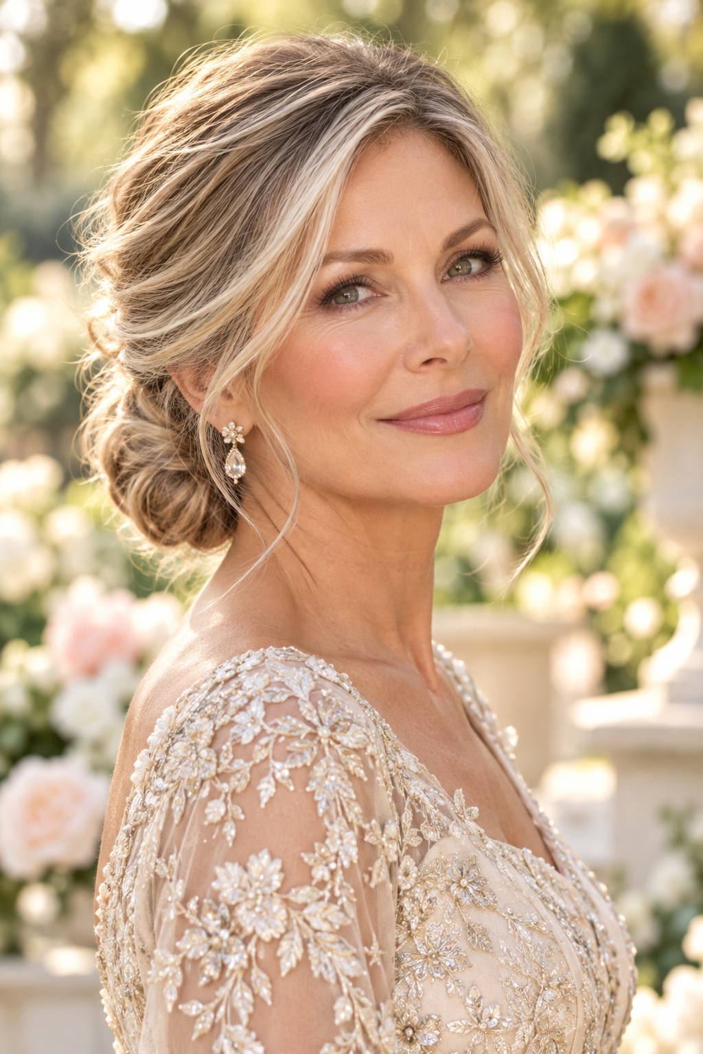 mother of the bride hairstyles for summer weddings: soft low chignon