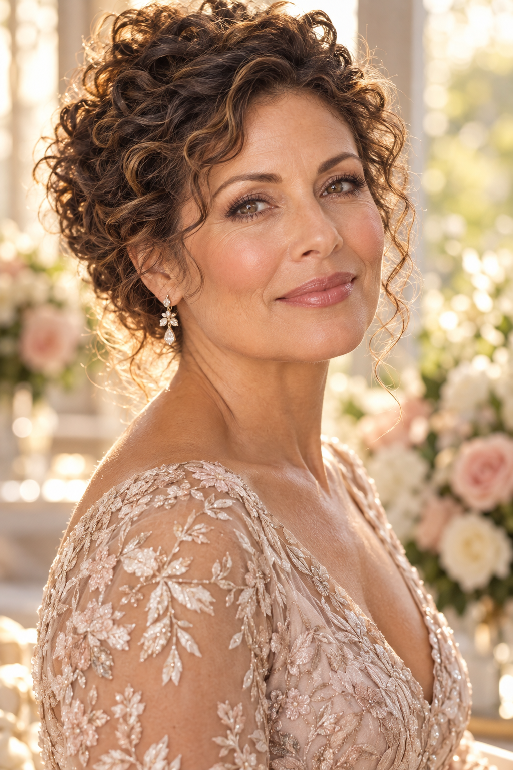 mother of the bride hairstyles for summer weddings: natural curly updo