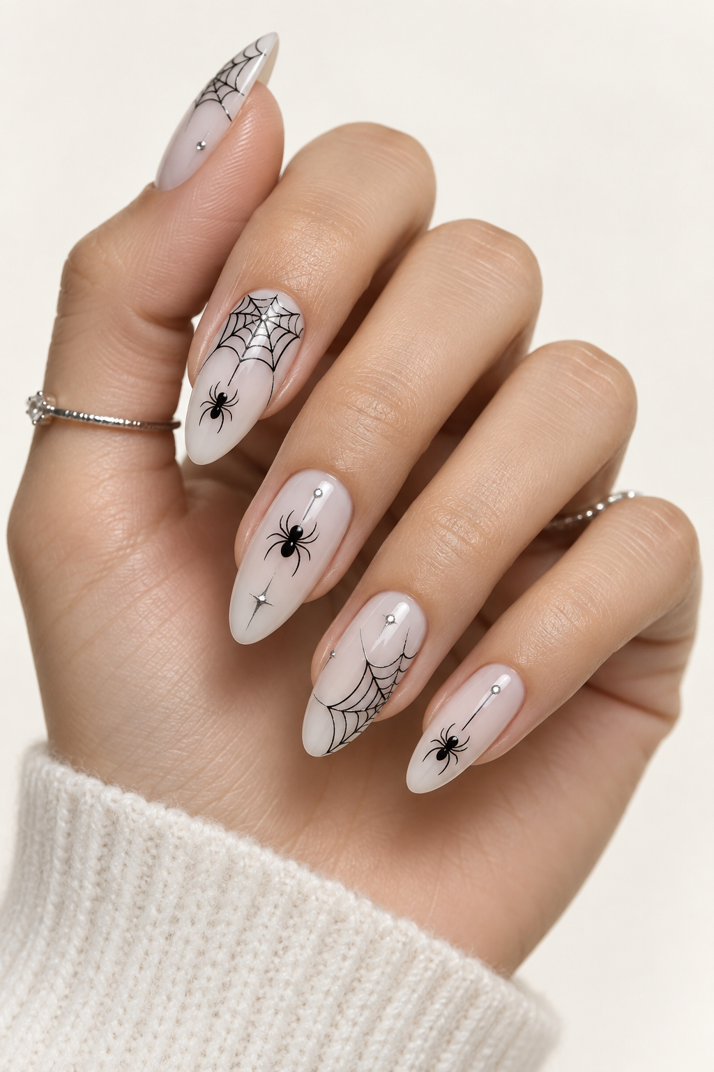 halloween nails with spiders: glossy black with tiny spiders