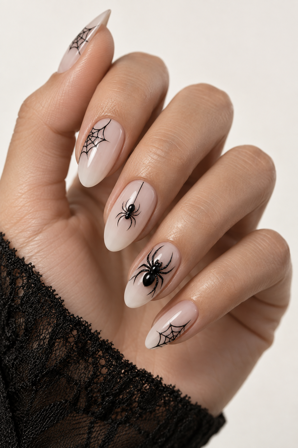 halloween nails with spiders: orange and black ombré